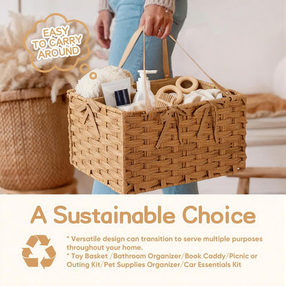 Diaper Caddy Organizer, Hand Rattan Nursery Storage Basket for Baby Essentials, Baby Changing Table Organizer Perfect Nursery Assistant, Easy Assemble (Natural Light, L)