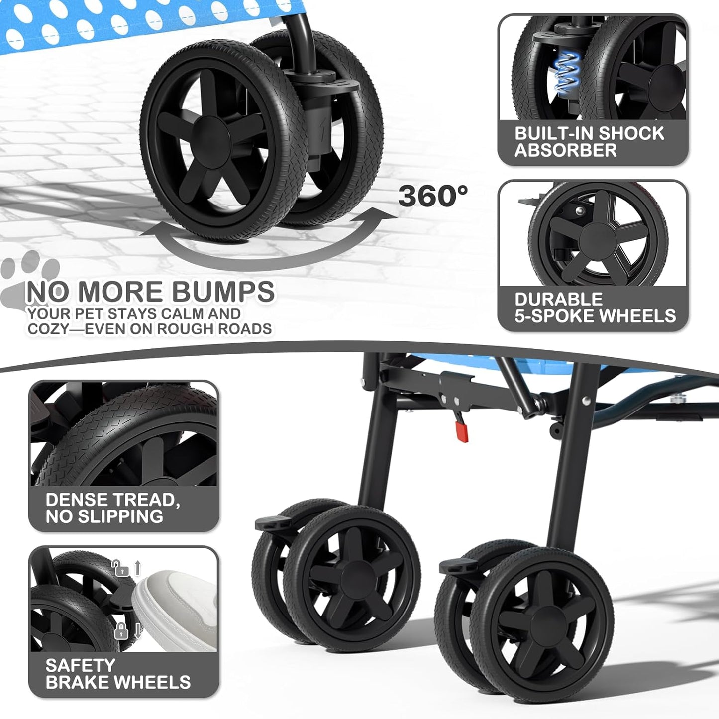 MoNiBloom 4 Wheels Pet Stroller, Easy-Fold Puppy Cage Jogger Stroller with Sun Cover, Pad and Rear Storage Bag, Breathable and Visible Mesh for Small/Medium Pets up to 22 lbs, Black