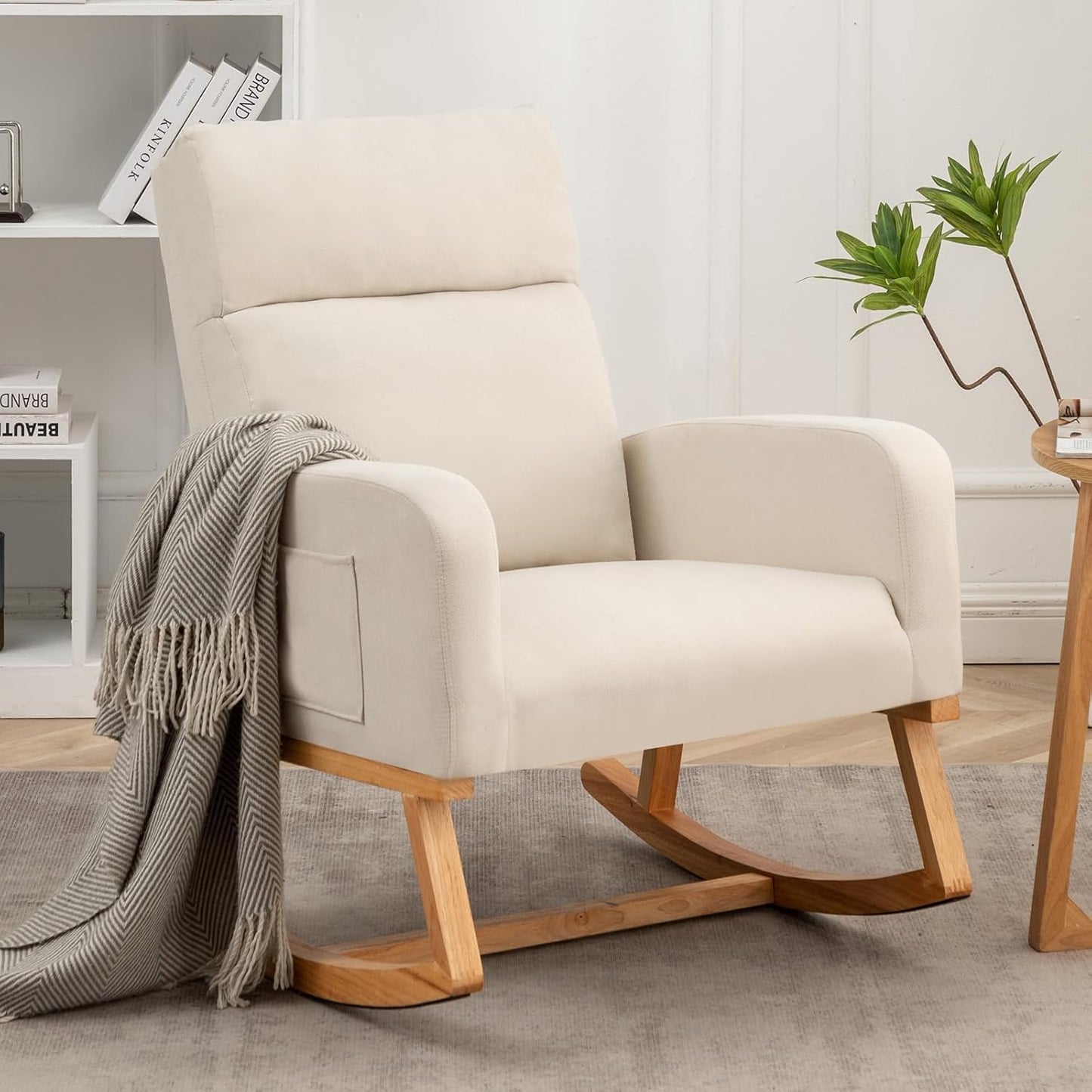 HCHAIRH Rocking Chair Nursery, Upholstered Fabricr Nursing Rocking Chairs with Soft High Back, Modern Nursery Glider Rocker for Mom Living Room, Bedroom, Camel