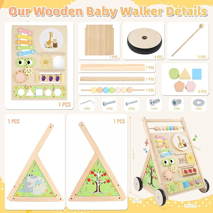 Wooden Baby Walker with Wheels Baby Push Walker for Boys Girls 6-12 Months Wooden Walker Activity Center Walking Toys for 1 Year Old Learning to Walk Sit to Stand Walker for Baby 12-18 Months Push Toy