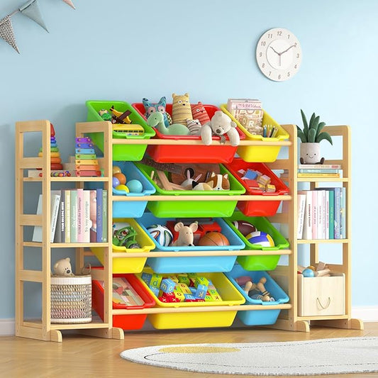 Large Toy Storage Organizer Kids Toy Organizer and Bookshelf Combo with 12 Bins and 6 Shelves Toy Organization Box Toy Shelf for Playroom, Bedroom, Nursery