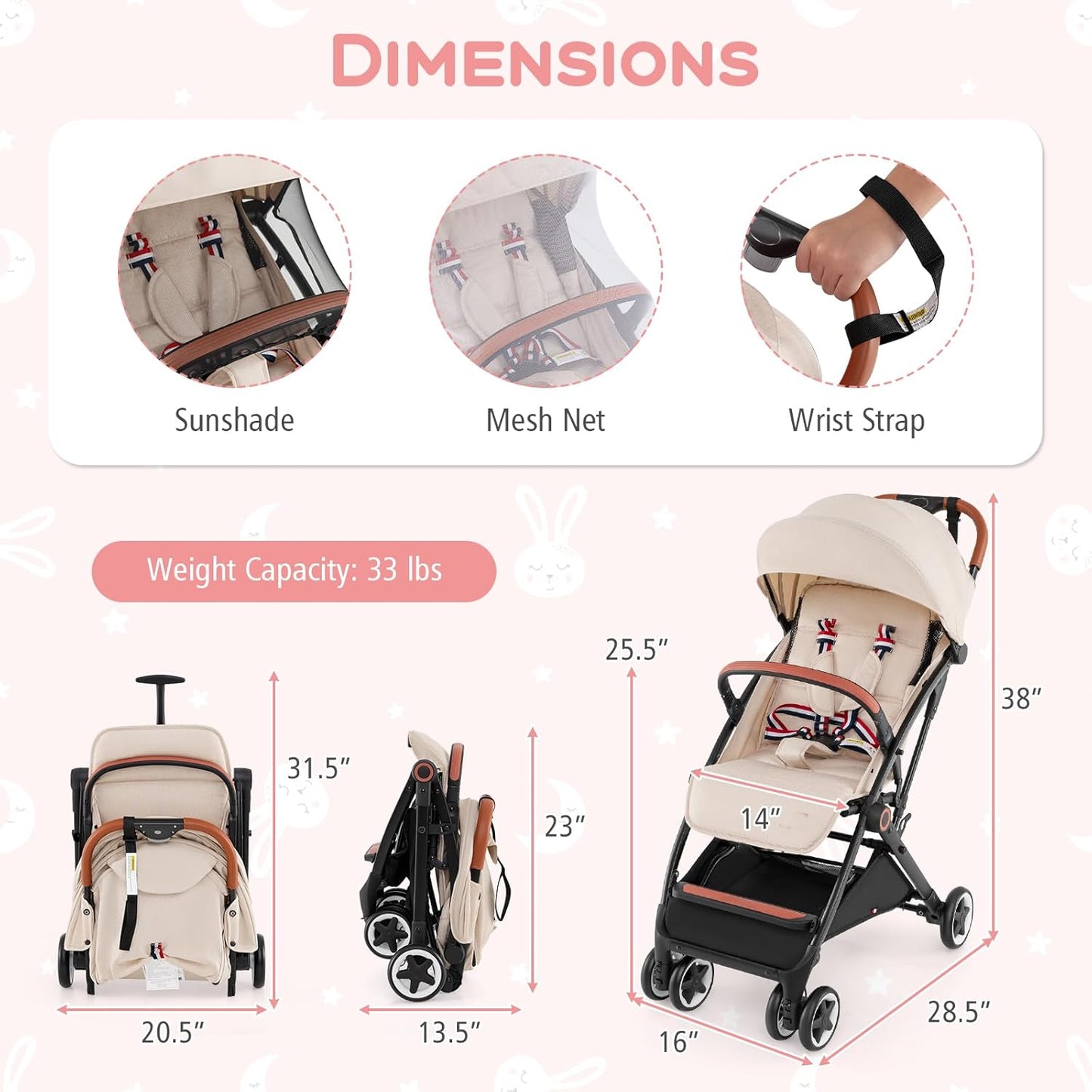 HONEY JOY Travel Stroller, One-Hand Quick Fold Lightweight Umbrella Stroller for Airplane, Wrist Wrap & Net, Multi-Position Recline, Overhead Friendly Compact Stroller for Newborn and Toddler(Gray)