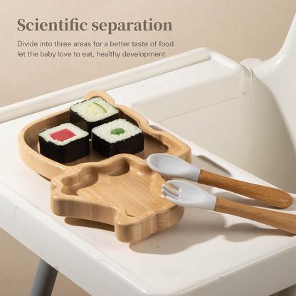 HBM Bamboo Baby Plate Set with Suction - Dinosaur Divided Toddler Dishes with Matching Fork & Spoon | Natural Wood Stay-Put Feeding Set for Infants & Kids (Marble Texture Not Stains)