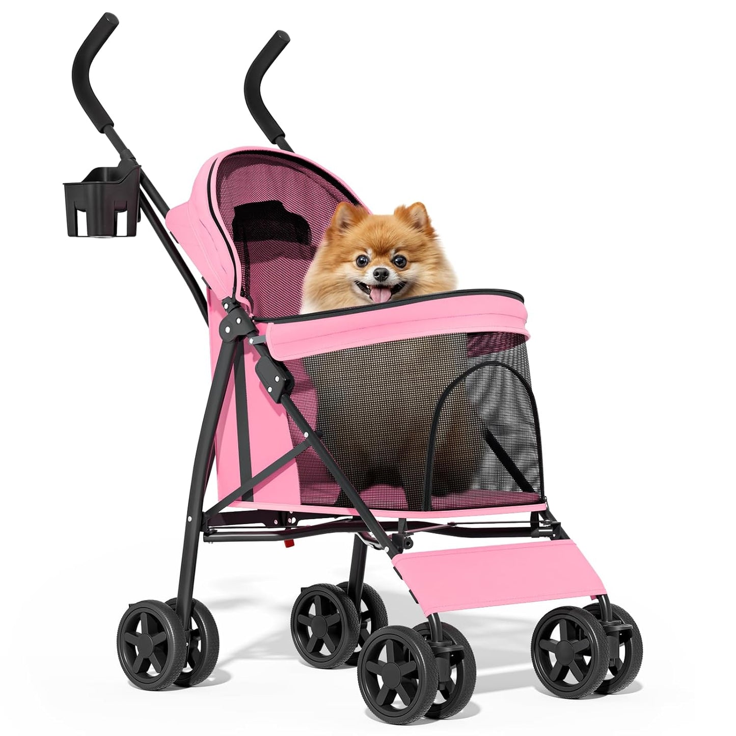 MoNiBloom 4 Wheels Pet Stroller, Easy-Fold Puppy Cage Jogger Stroller with Sun Cover, Pad and Rear Storage Bag, Breathable and Visible Mesh for Small/Medium Pets up to 22 lbs, Black