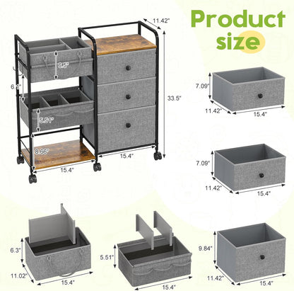 Cidaziya 2In1 Baby Diaper Caddy Organizer and Storage, 3 Tier Rolling Cart with Drawer, Mobile Utility Cart Baby Dresser Clothes Organizer for Crib, Art & Craft Storage, White, 17"W x 11.42"D x 33.5"H