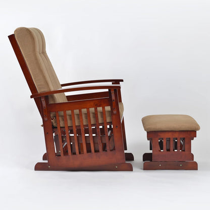 Rustic Rubber Wood Glider and Ottoman Set, Nursery Glider Chair for Breastfeeding and Relaxing, Comfortable Rocking Chair for Living Room and Bedroom（Tan）