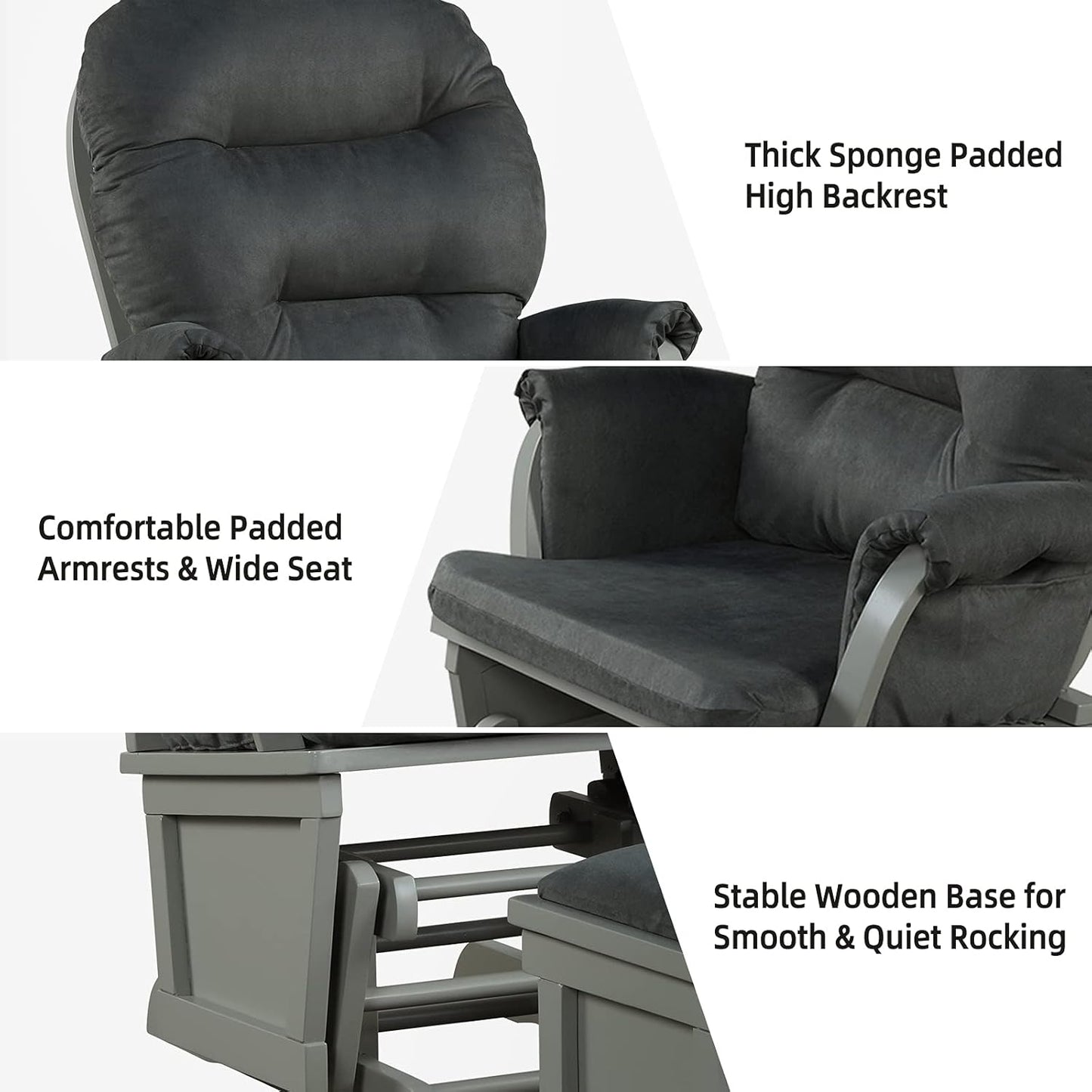 Costzon Baby Glider and Ottoman Cushion Set, Wood Baby Rocker Nursery Furniture for Napping, Nursing, Reading, Upholstered Comfort Nursery Chair w/Padded Armrests & Detachable Cushion (Dark Grey)