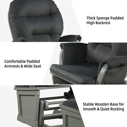 Costzon Baby Glider and Ottoman Cushion Set, Wood Baby Rocker Nursery Furniture for Napping, Nursing, Reading, Upholstered Comfort Nursery Chair w/Padded Armrests & Detachable Cushion (Dark Grey)