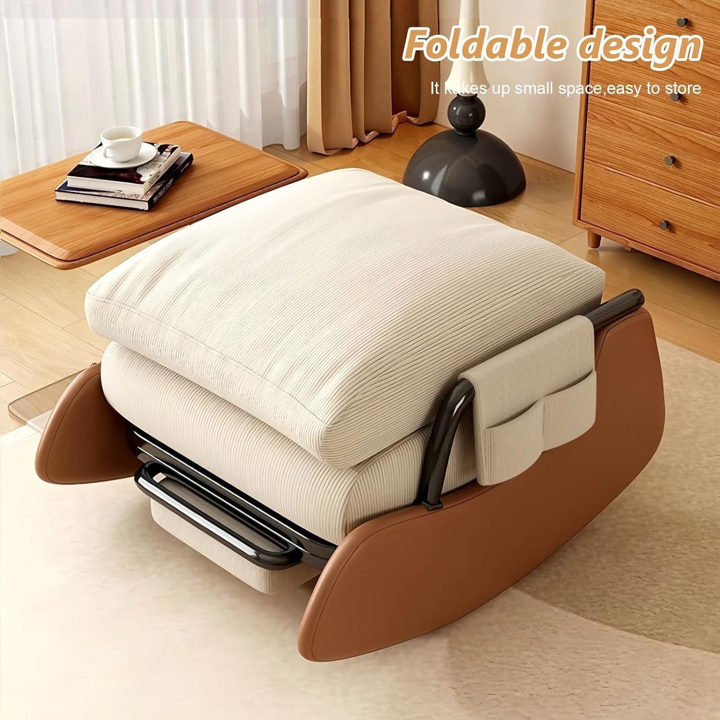 JPBSTO Rocking Chair Nursery, Upholstered Glider Rocking Chair with Side Pocket and Adjustable High Backrest, Comfortable Rocker Recliner with Footrest Perfect for Living Room Bedroom, Beige