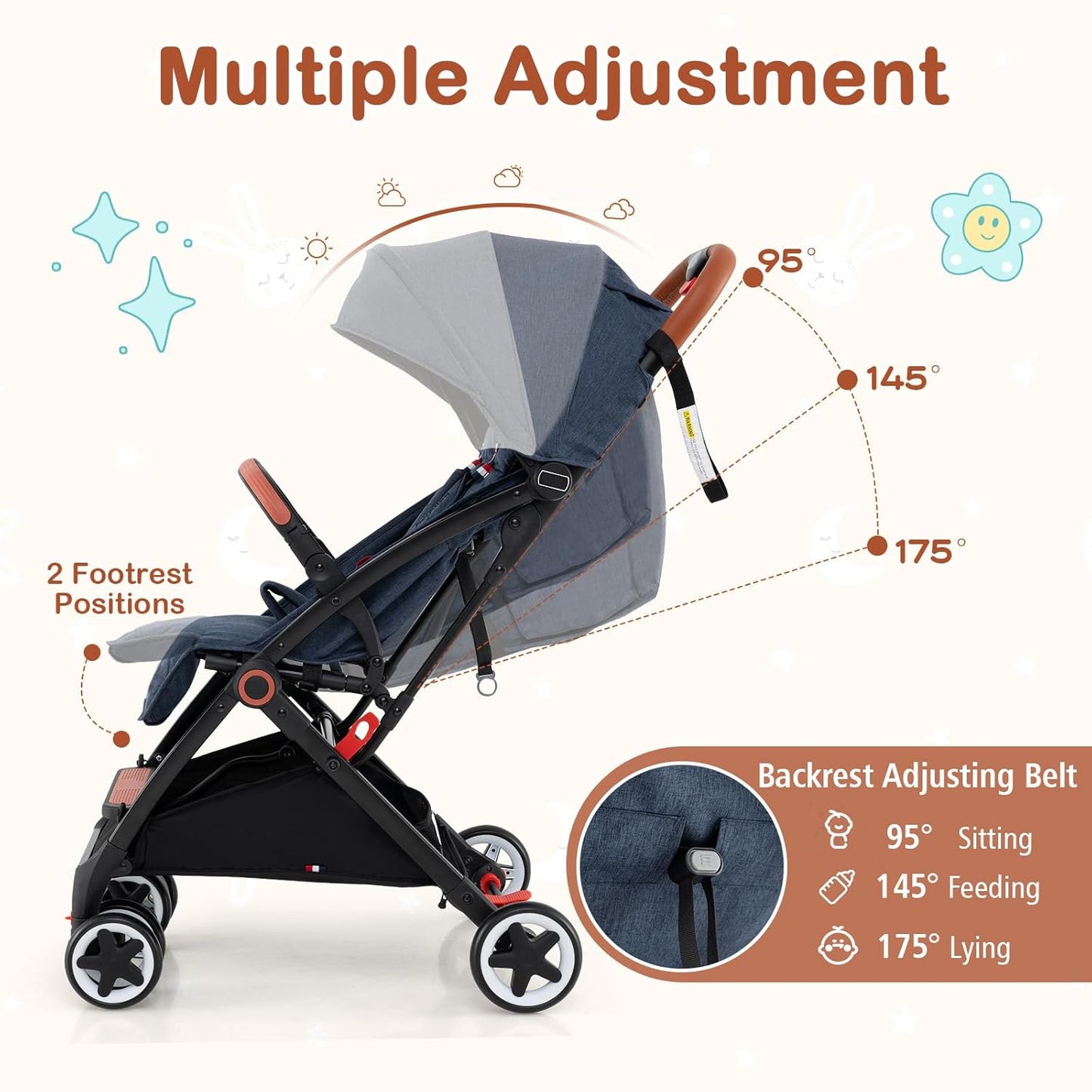 HONEY JOY Travel Stroller, One-Hand Quick Fold Lightweight Umbrella Stroller for Airplane, Wrist Wrap & Net, Multi-Position Recline, Overhead Friendly Compact Stroller for Newborn and Toddler(Gray)