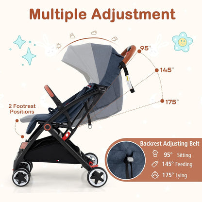 HONEY JOY Travel Stroller, One-Hand Quick Fold Lightweight Umbrella Stroller for Airplane, Wrist Wrap & Net, Multi-Position Recline, Overhead Friendly Compact Stroller for Newborn and Toddler(Gray)