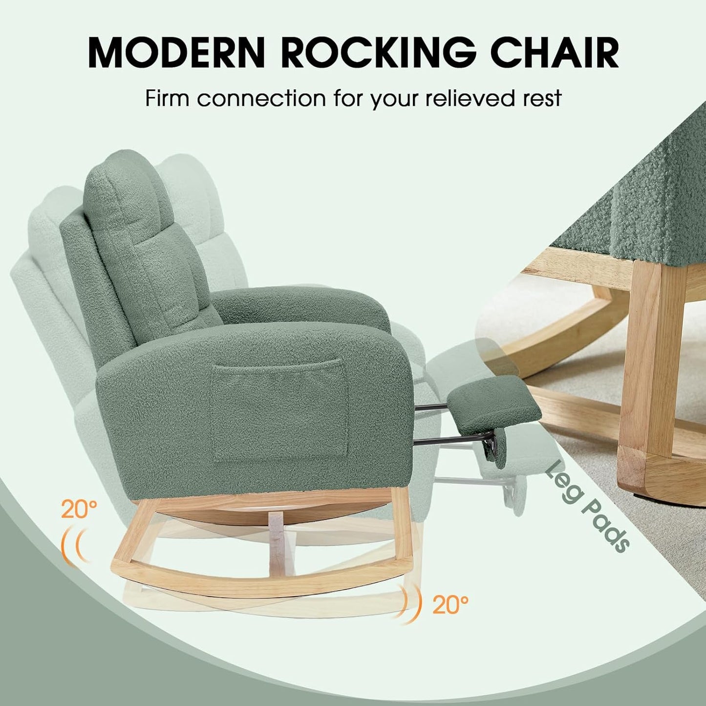 NIOIIKIT Modern Nursery Rocking Chair, Teddy Upholstered Rocking Chair with Footrest, Comfortable Rocker Recliner with Side Pocket, Rocker Glider for Living Room, Bedroom, Nursing Room (Apricot)