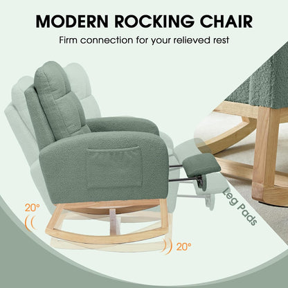 NIOIIKIT Modern Nursery Rocking Chair, Teddy Upholstered Rocking Chair with Footrest, Comfortable Rocker Recliner with Side Pocket, Rocker Glider for Living Room, Bedroom, Nursing Room (Apricot)