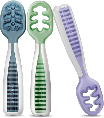 NumNum Baby Spoons Set, Baby Essentials Pre-Spoon GOOtensils for 6+ Months, First Stage Self-Feeding Spoons for Baby Led Weaning (BLW), Silicone Toddler Utensils, BPA-Free, 2 Pack Gray/Green