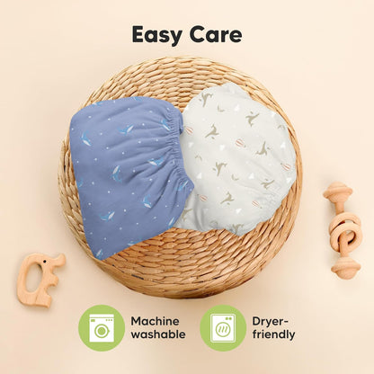2-Pack Waterproof Pack and Play Sheets, Mini Crib Sheets Fitted for Boy, Girl - 38 x 26 Viscose from Bamboo Pack N Play Mattress Sheets for Graco, Toddler Playard Baby Crib Sheets Neutral (Blue Flax) - Colors A