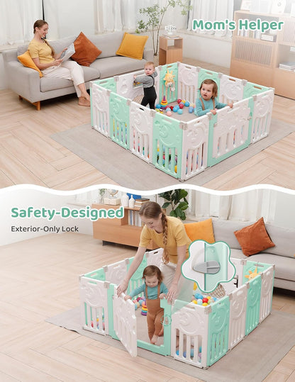 Baby Playpen, Dripex Baby Playard for Babies and Toddlers, 14-Panel Foldable Playpen Adjustable Portable Play Area, Indoor/Outdoor Kids Active Center with Game Panel & Safety Gate, Grey White