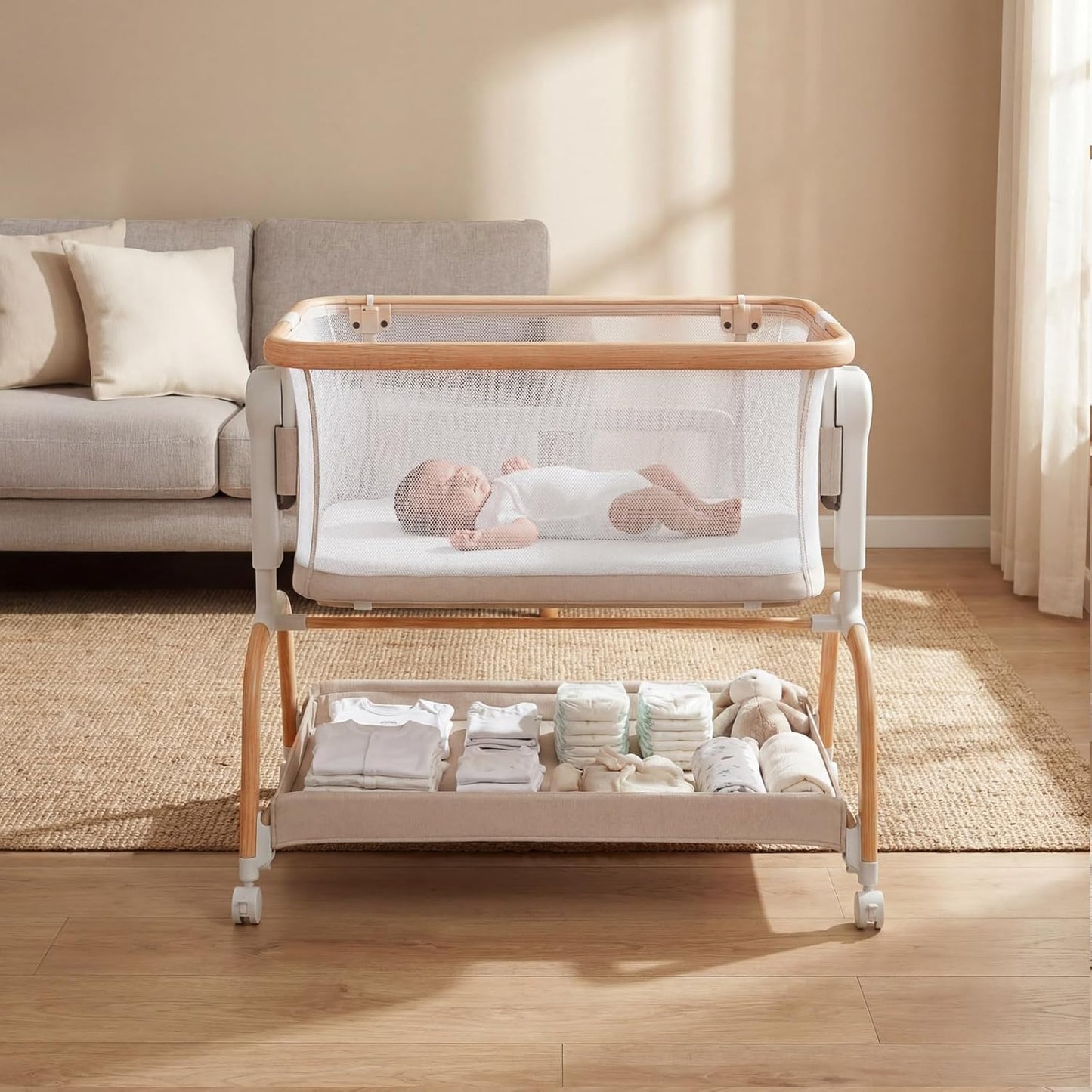3 in 1 Baby Bassinet,Rocking Bassinets Bedside Sleeper with 6 Adjustable Heights,Breathable Full-Mesh,Comfortable Mattress & Lockable Wheels,Stable Rolling Portable Crib for Newborns(Gray) | Breathable Full Mesh, V-Shaped Structure