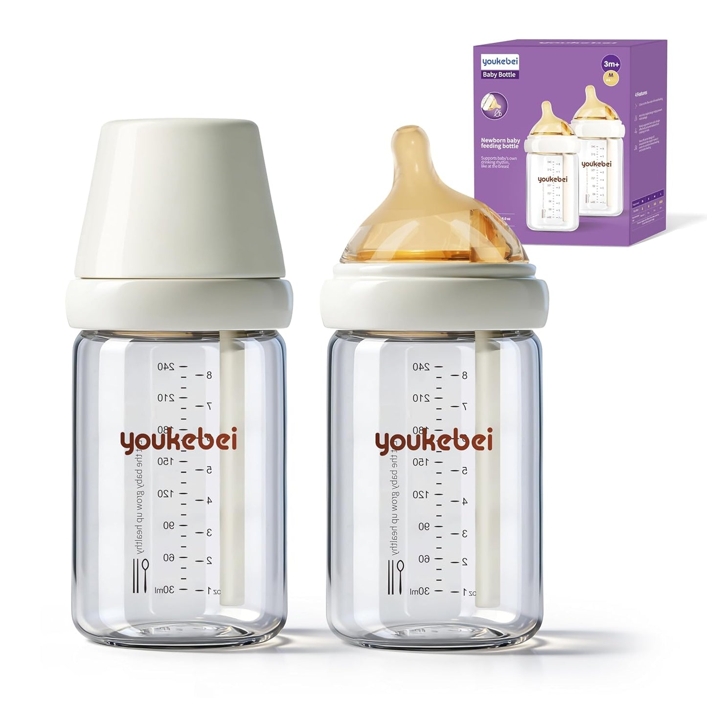 Small Glass Baby Bottle for Newborn Breastfeeding Babies, Preemie & Extra Slow Flow Nipples (SS), Anti-Colic, Breast-Like, 0 Months+, 3 oz, 2 Pack