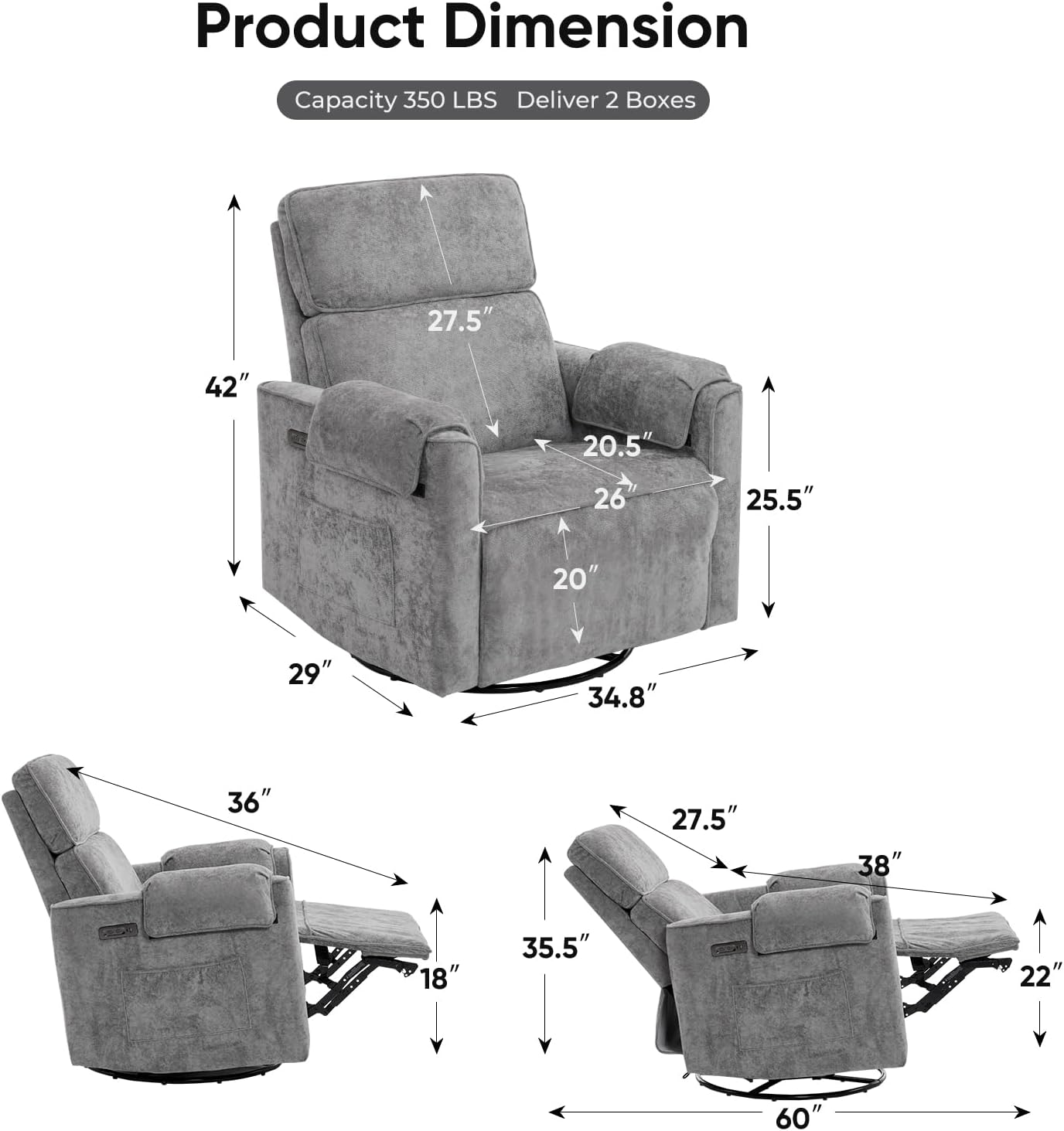 Oversized Power Rocker Recliner Chair, 26" Extra Wide Swivel Recliner with Adjustable Headrest, Chenille Glider Rocking Nursery Chair with Overstuffed Armrest, USB Ports, Cream