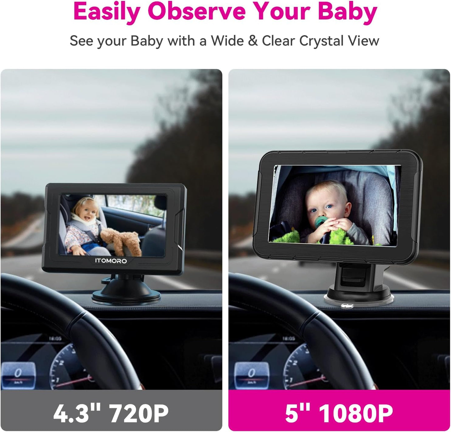 Baby Car Camera for 2 Kids 1080P Split-Screen Monitor Dual Cam Rear-Facing Cameras IR Night Vision 360° Rotatable Backseat Screen, Car Seat Mirror Alternative (2 Cameras with 5'' monirtor)