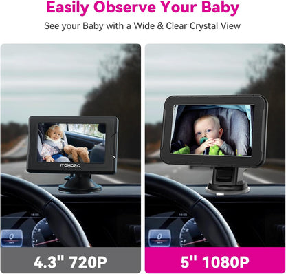 Baby Car Camera for 2 Kids 1080P Split-Screen Monitor Dual Cam Rear-Facing Cameras IR Night Vision 360° Rotatable Backseat Screen, Car Seat Mirror Alternative (2 Cameras with 5'' monirtor)