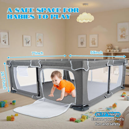 Foldable Baby Playpen,PlayPens for Babies and Toddlers，Indoor Outdoor Safety Play Area, Portable Child Activity Large Collapsible Play Yard，Folding Fence (Cationic Fabric-Grey, 50"x50")