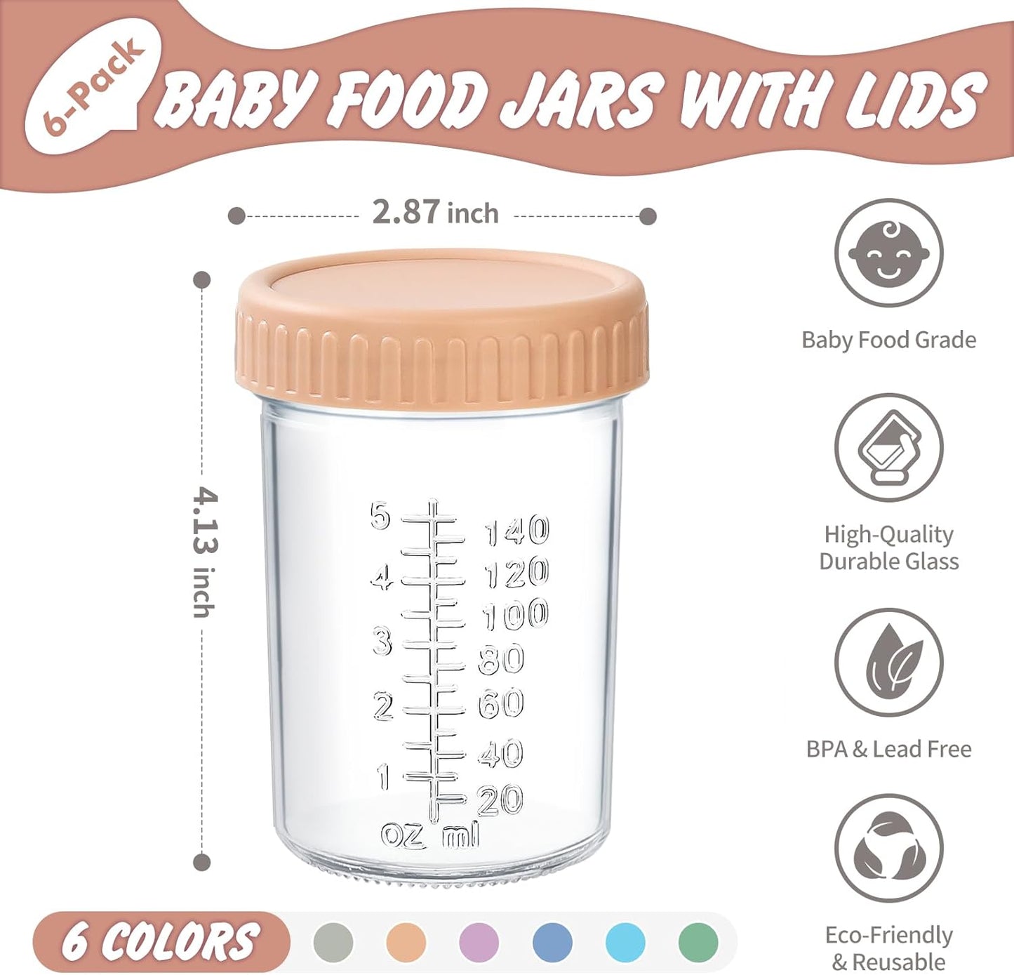 DRKIO 6 Pack Glass Baby Food Storage Containers - 4 Oz Baby Food Jars with Lids Baby Food Maker Microwave Dishwasher Freezer Safe 100% Leak Proof BPA Free Reusable