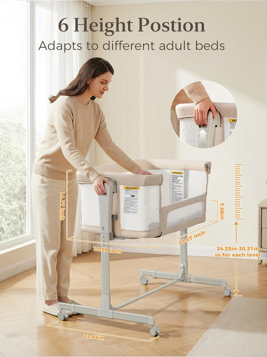 ONTHEWEI Baby Bassinet Bedside Sleeper 3-in-1, Easy Night Feeding with One-Side Fold & Rolling Wheels, Breathable Mesh, 6-Height Adjustable, Soft Mattress for Newborns
