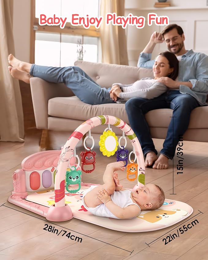 dearlomum Baby Play Gym Mat with 4-Key Musical Piano, Lights, Sounds & Hanging Toys for Tummy Time and Sensory Development, Infants to Toddlers (Pink Animal Theme)