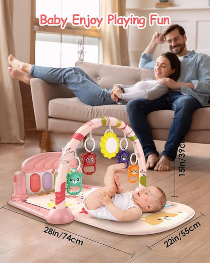 dearlomum Baby Play Gym Mat with 4-Key Musical Piano, Lights, Sounds & Hanging Toys for Tummy Time and Sensory Development, Infants to Toddlers (Pink Animal Theme)