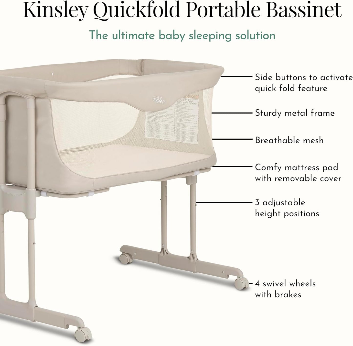 Evolur Kinsley Bedside Bassinet – Quick Fold, Breathable Mesh Sides, Lightweight Portable Baby Sleeper with Carry Bag – Newborn to 6 Months