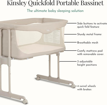 Evolur Kinsley Bedside Bassinet – Quick Fold, Breathable Mesh Sides, Lightweight Portable Baby Sleeper with Carry Bag – Newborn to 6 Months