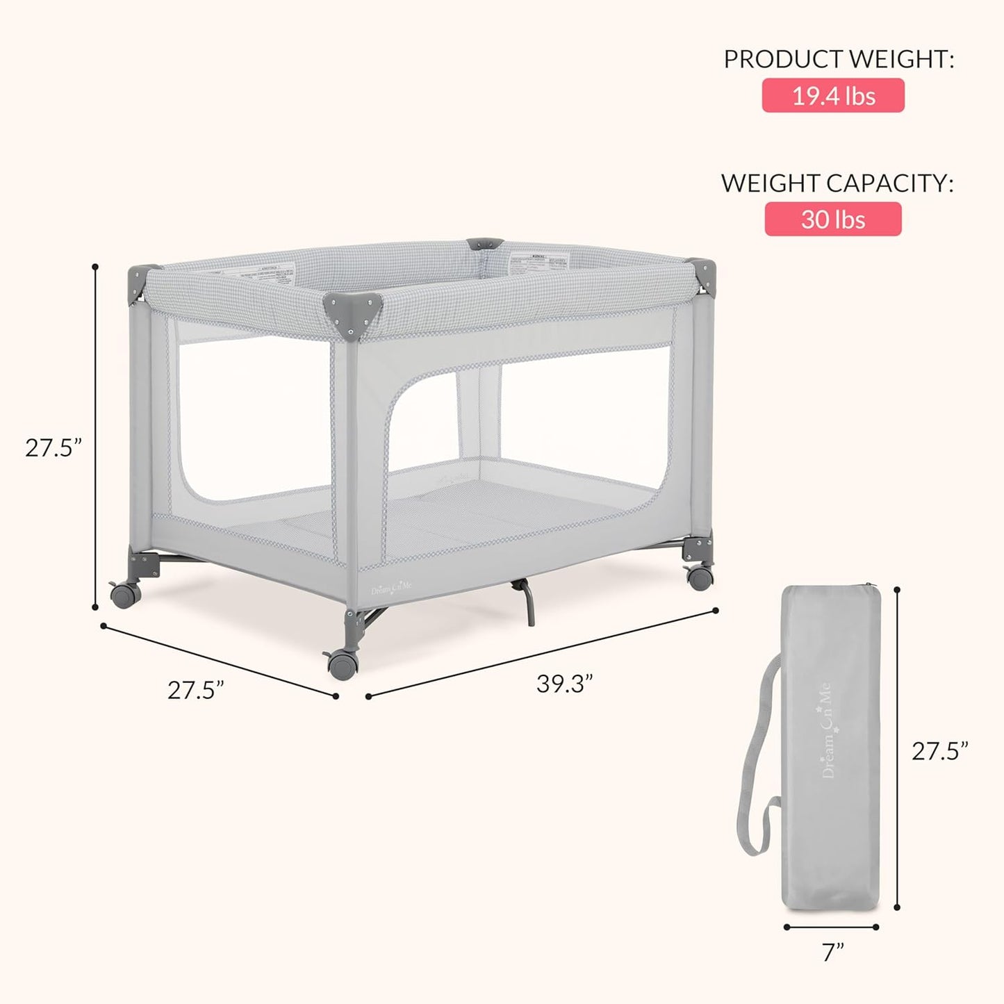 Dream On Me EZGo Portable Playard, Tool-Free Assembly, Easy One-Step Fold, Breathable Mesh Sides, Removable Mattress Pad & Smooth Locking Wheels, Travel Carry Bag Included – Black & White