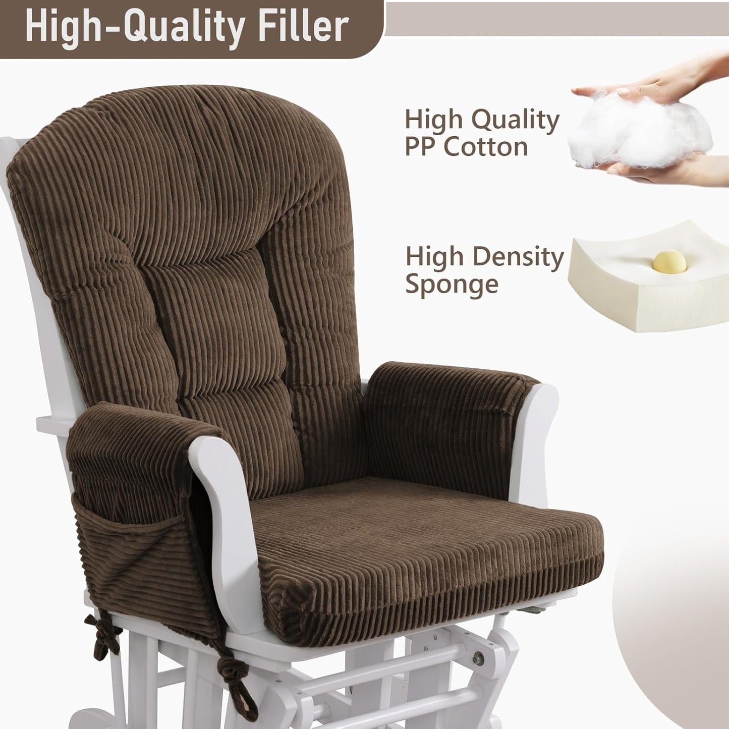 5PCS Glider Rocker Replacement Cushions with Storage Side Pockets, Thickened 3.5IN Seat & Supportive Striped Plush Rocking Chair Cushion Set with Ottoman Cover for Indoor Nursery, Beige