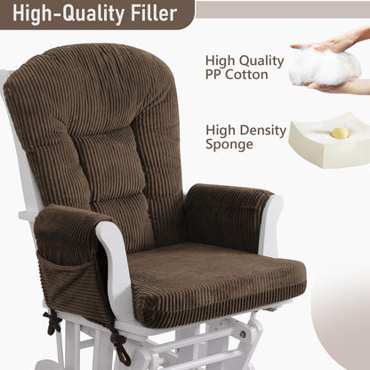 5PCS Glider Rocker Replacement Cushions with Storage Side Pockets, Thickened 3.5IN Seat & Supportive Striped Plush Rocking Chair Cushion Set with Ottoman Cover for Indoor Nursery, Beige
