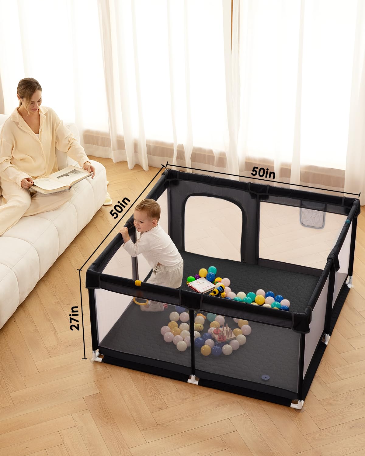 Baby Playpen with Mat, 71" x 59" Extra Large Play Yard for Babies and Toddlers, Baby Fence with Soft Thick Play Mat, Indoor Safety Activity Center for Infants, Easy to Assemble and Clean（Gray）