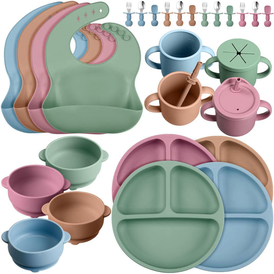 Yinder 32 Pack Silicone Baby Feeding Set Baby LED Weaning Supplies Includes Suction Divided Plates Soft Bowl Spoons Forks Adjustable Bib Snack Cup with Lid and Straws (Soft Color)