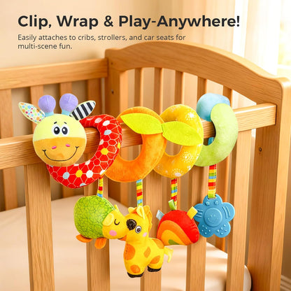 Carseat Toys Hanging for Babies 0-6-12 Months, Crib Toy Hanging Plush Spiral Car Seat Toy, with Rattle, Teether & Mirror, Stroller for Baby Boys & Girls, Infant Car Seat Toys