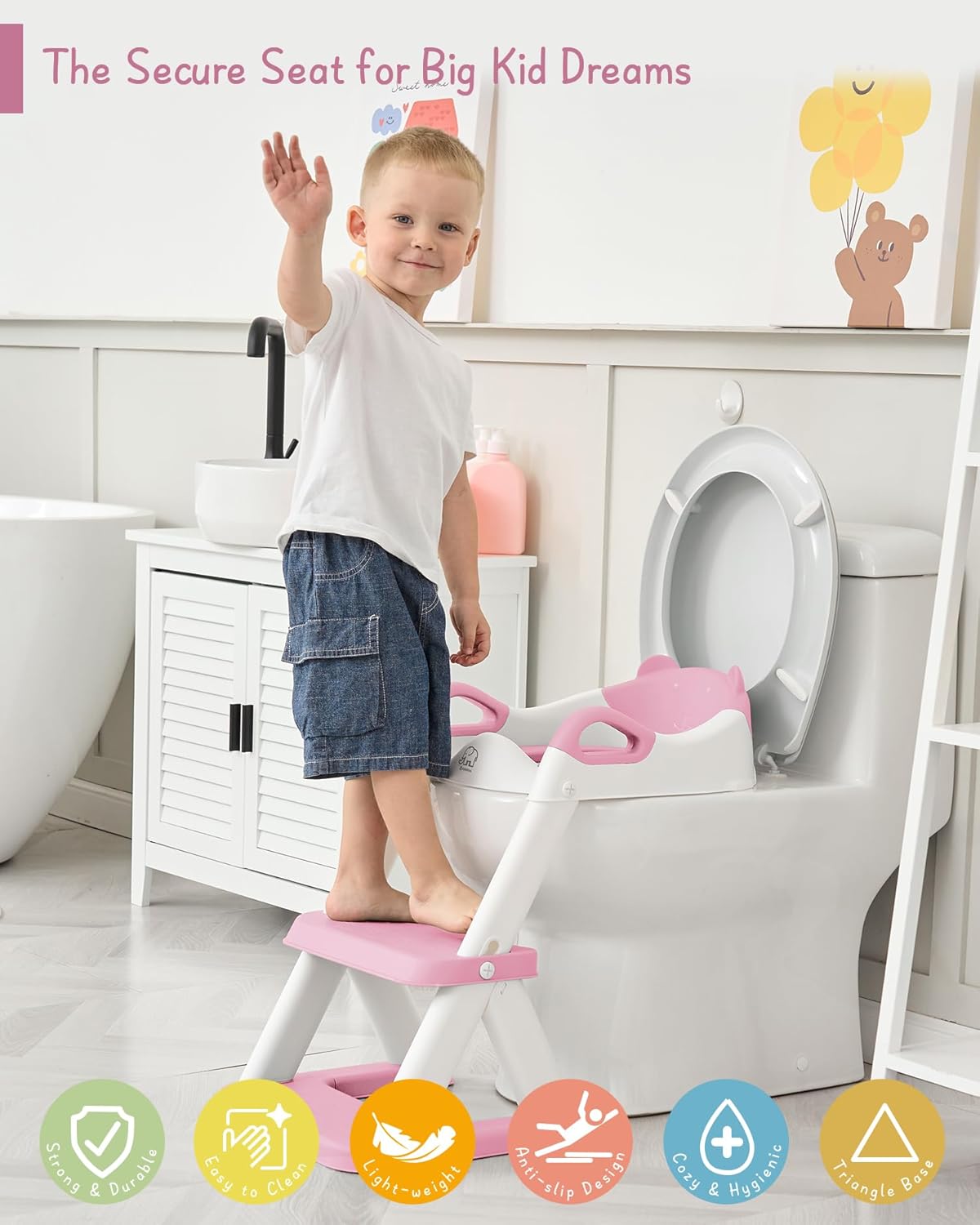 Forbena Toddler Potty Training Seat with Step Stool Ladder, Toilet Potty Seat for Baby Boys Girls Toddlers, Kids Chair Stairs with Handles and Soft Cushion (White and Grey)