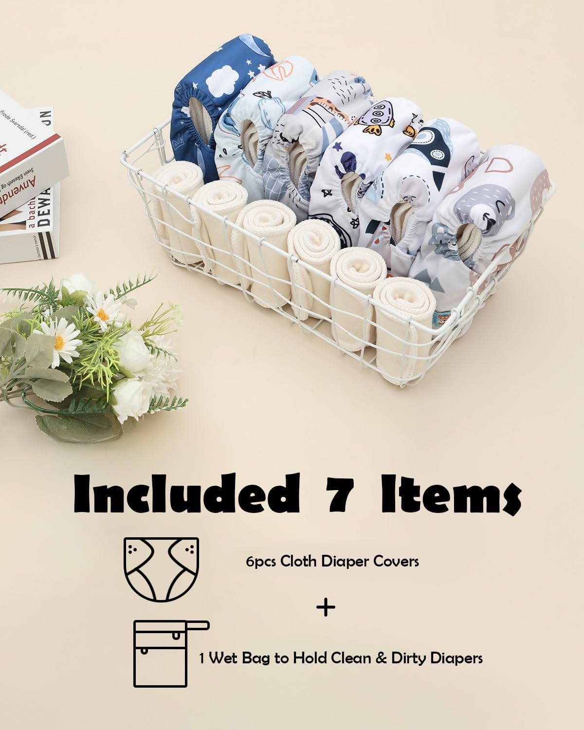 ALVABABY 6pcs Cloth Diaper Covers &1 Wet Dry Bag, Washable Reusable Cloth Nappy Shell for Prefold with Multi-Functional Bag, Flat or Fitted Diaper Inserts 6NKZ06