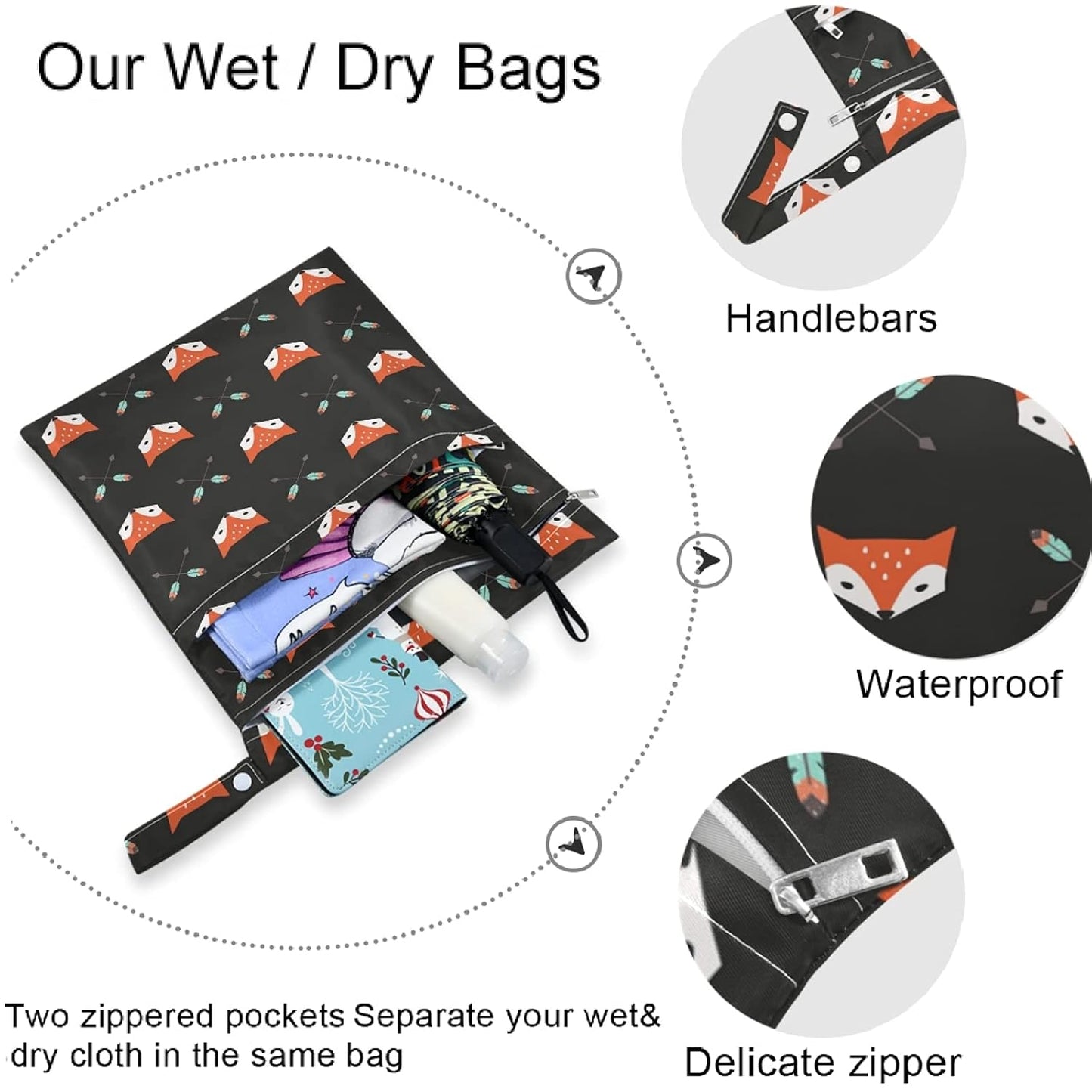 visesunny Bright Human Skull 2Pcs Wet Bag with Zippered Pockets Washable Reusable Roomy Diaper Bag for Travel,Beach,Daycare,Stroller,Diapers,Dirty Gym Clothes,Wet Swimsuits,Toiletries