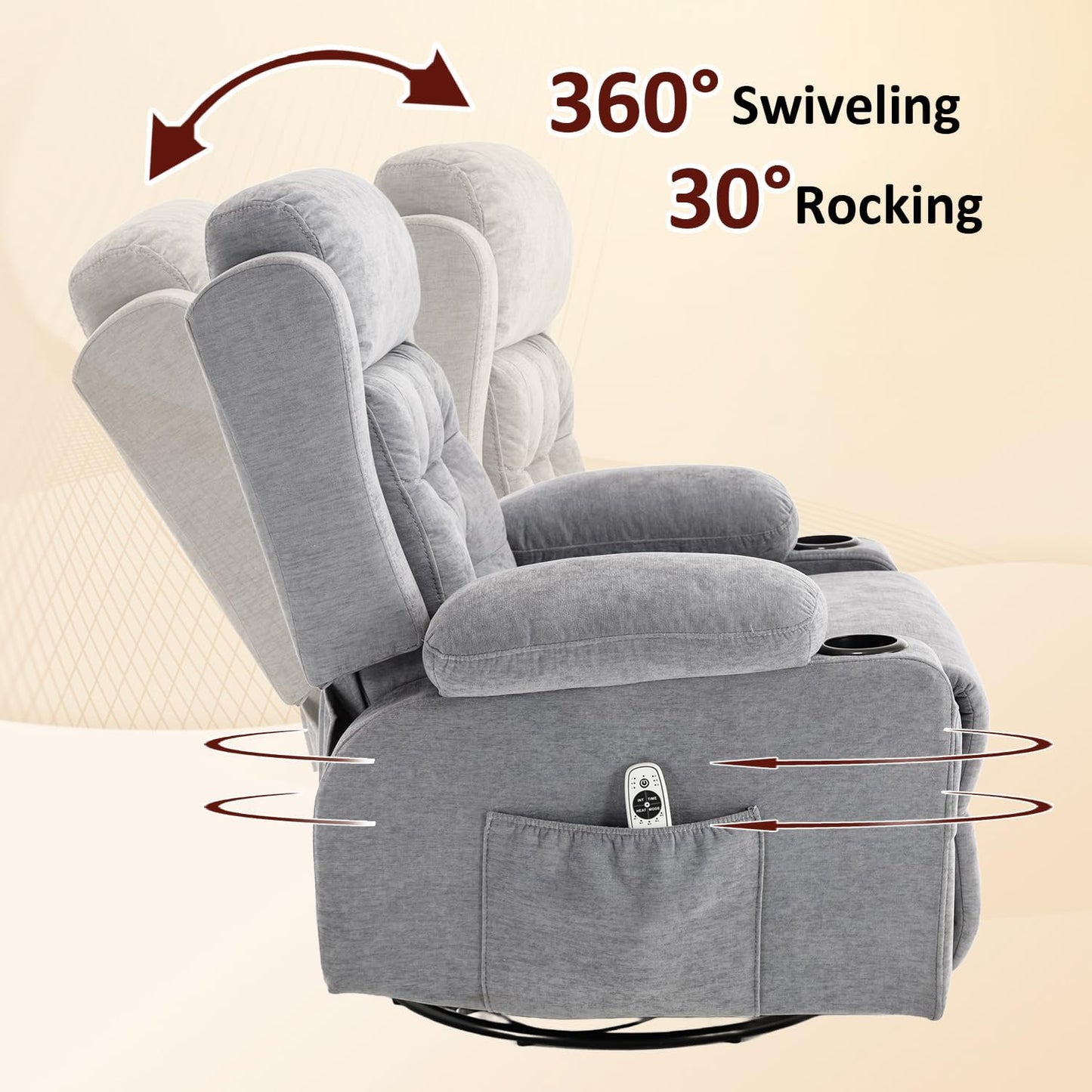 Rocker Recliner Chair with Massage and Heat, Oversized Rocking Nursery Recliners Overstuffed Swivel Glider with Cup Holder, Fabric Manual Single Sofa for Living Room, Beige