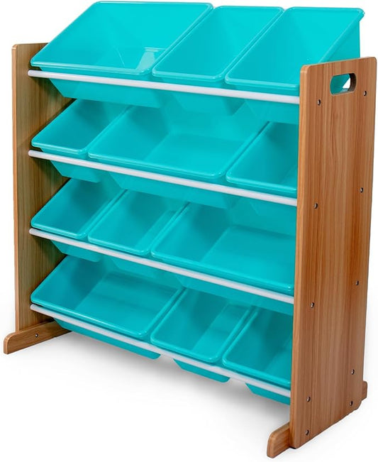 Humble Crew Toy Storage Organizer with 12 Removable Storage Bins for Kids Playroom, 4-Tier Toddler Toy Organization and Storage, Natural Wood/Aqua