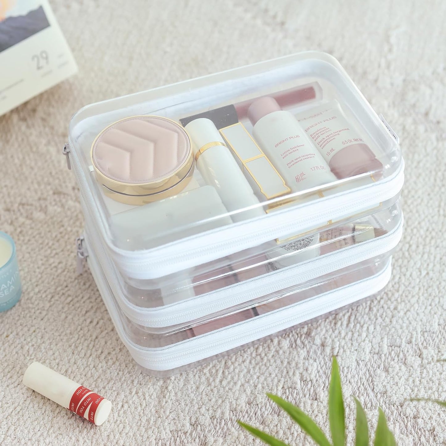 CoiiJoii 3PCS Large Clear Hard Shell Zippered Case, Diaper Bag Organizing Pouches, Waterproof Cosmetic Bag, Kid's Toy Storage Organizer Bins, Pencil Case.