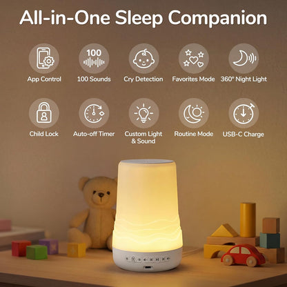 Mewaii White Noise Sound Machine Baby & Adult, 100 Soothing Sounds, AI Cry Detection, App Control, 360° RGB Night Light, Sleep Routine Builder, Alarm Clock for Home Nursery Travel Baby Essentials Gift