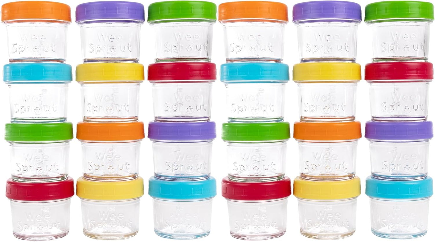 WeeSprout Glass Baby Food Storage Jars w/Lids (4 oz, 12 Pack Set) Snack, Puree, Reusable Small Containers, Breast Milk, Fridge or Freezer, Microwave & Dishwasher Safe, Essential Must Have for Infants