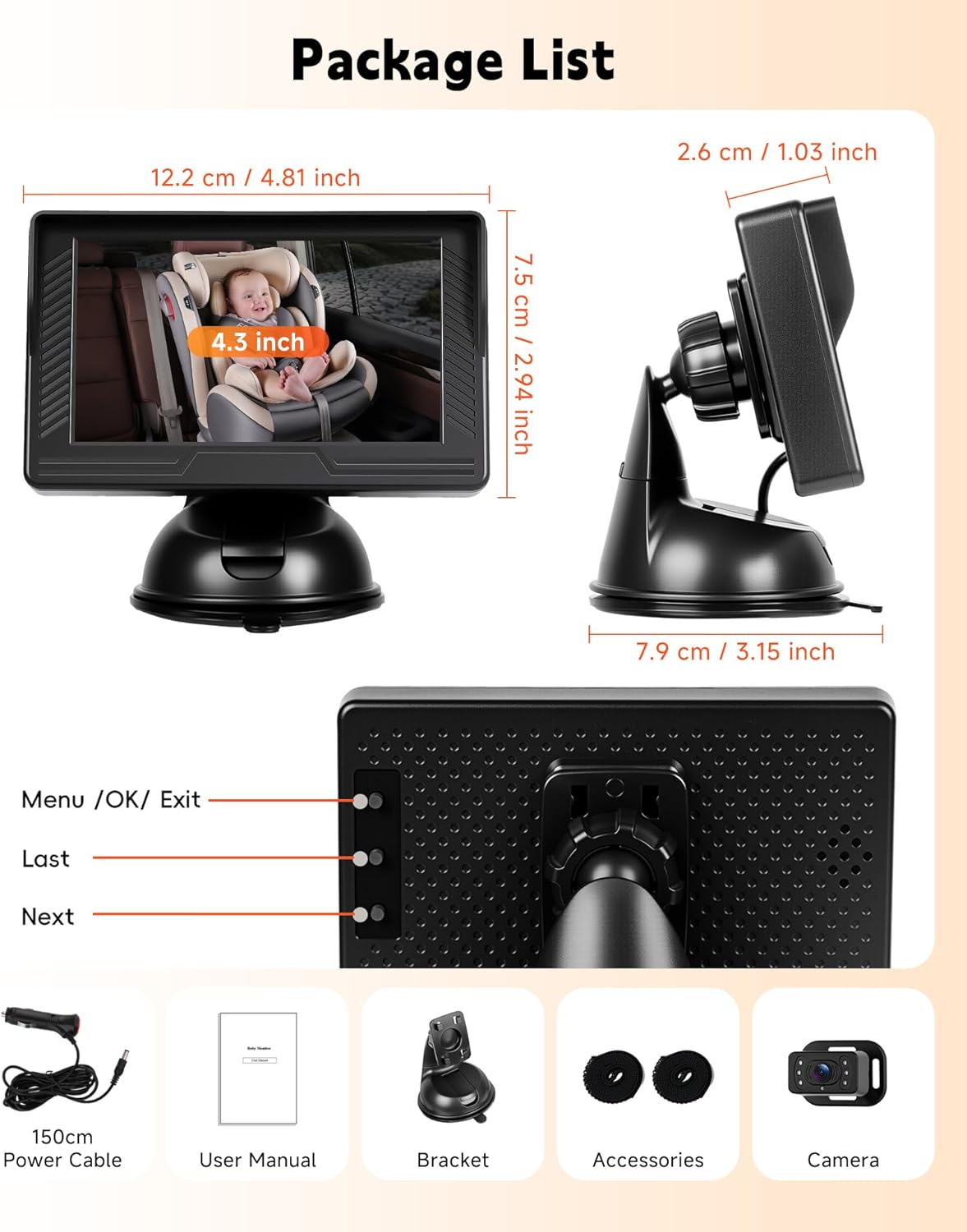 Rimoody Baby Car Camera for Backseat, 4.3'' HD Display Baby Car Mirror with Night Vision Feature, Wide View Angle, Reusable Sucker Bracket, Easy Install 360° Adjustable Display
