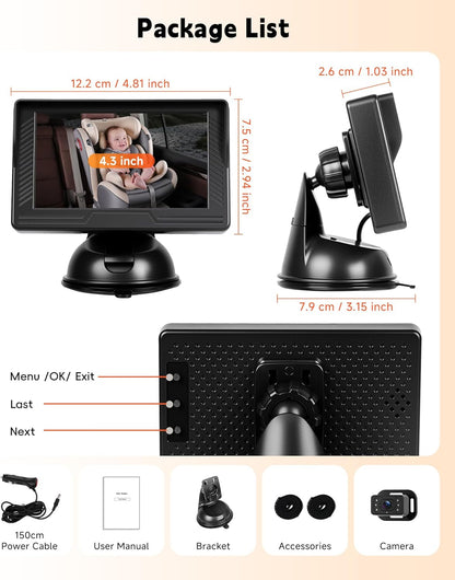 Rimoody Baby Car Camera for Backseat, 4.3'' HD Display Baby Car Mirror with Night Vision Feature, Wide View Angle, Reusable Sucker Bracket, Easy Install 360° Adjustable Display