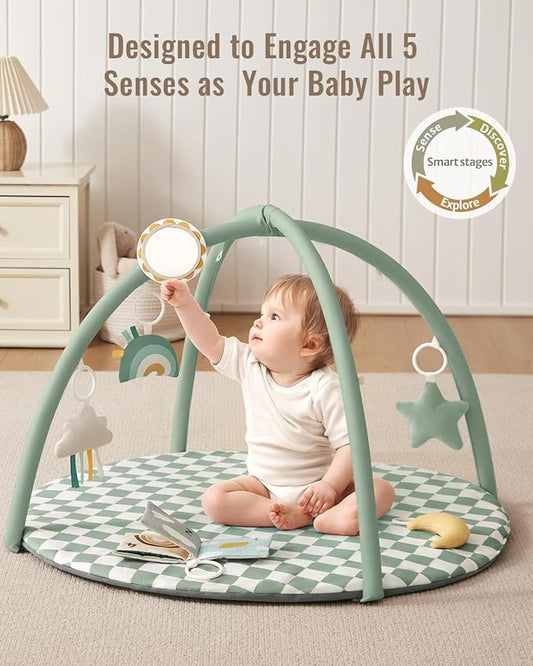 Blissful Diary Baby Play Gym Mat, Play Mat Activity Mat with 6 Detachable Toys for Stage-Based Sensory & Motor Skill Development, Easy to Install & Clean, Baby Essentials Gift, Sage Checkerboard