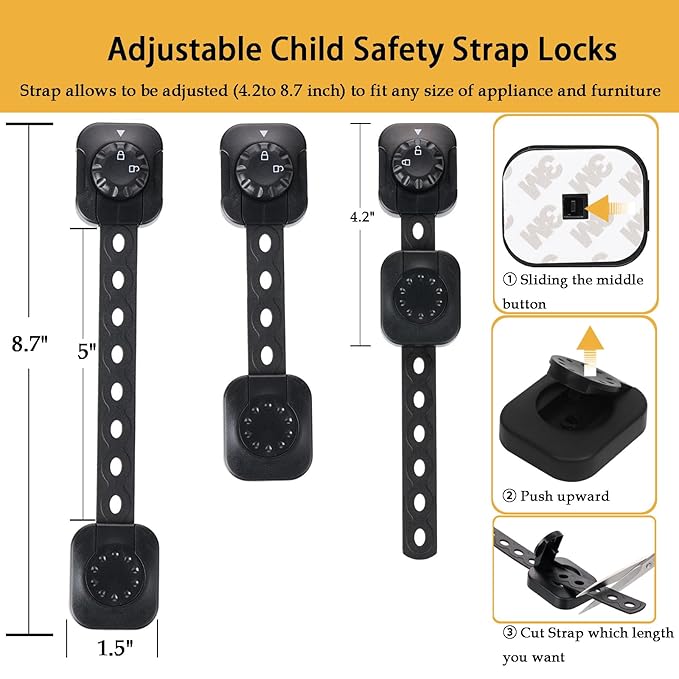 Cabinet Locks Baby Proofing, Child Safety Drawer Locks -Adjustable Child Safety Strap Locks Adhesive Baby Door Latch for Fridge Toilet Oven No Drill Furniture Kitchen Lock Black 2Pack